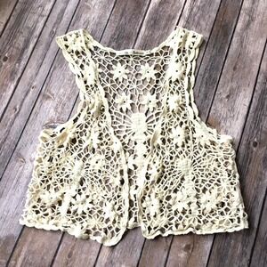 Y2K Crocheted Lace Vest Top Women Jr M Cropped Hippie Cottagecore Boho Festival